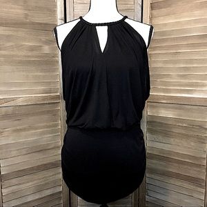 Classique Black Top with Draped Arms and Keyhole Detail, Medium